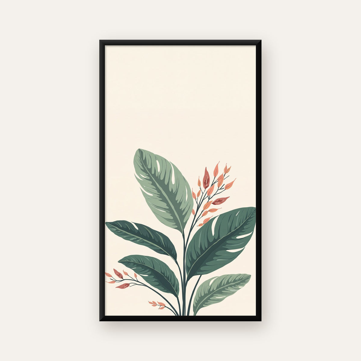 Tropikal Yapraklar ve Çiçekler Dijital Modern Poster — Dikey baskı, düz siyah çerçeveli duvar posteri