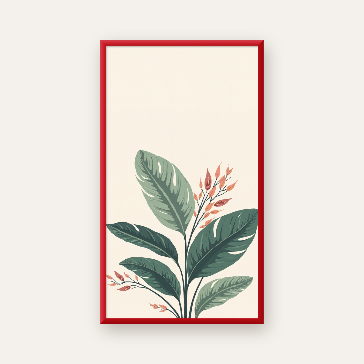 Tropikal Yapraklar ve Çiçekler Dijital Modern Poster — kırmızı çerçeveli