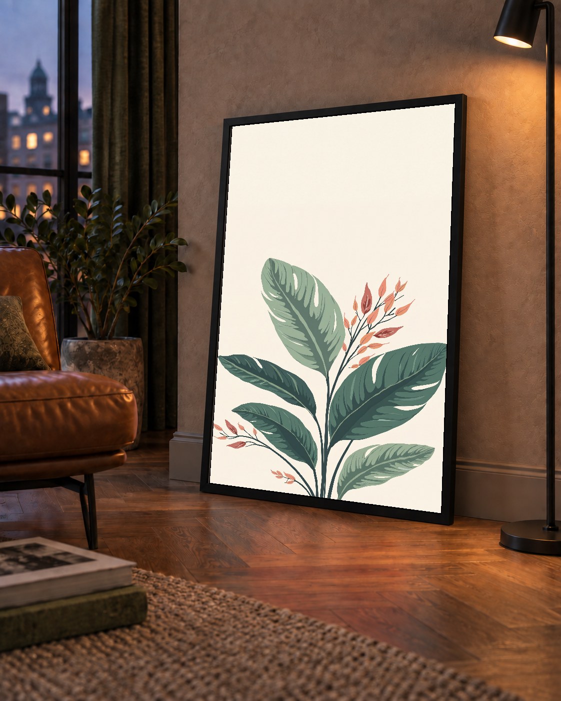 Tropikal Yapraklar ve Çiçekler Dijital Modern Poster