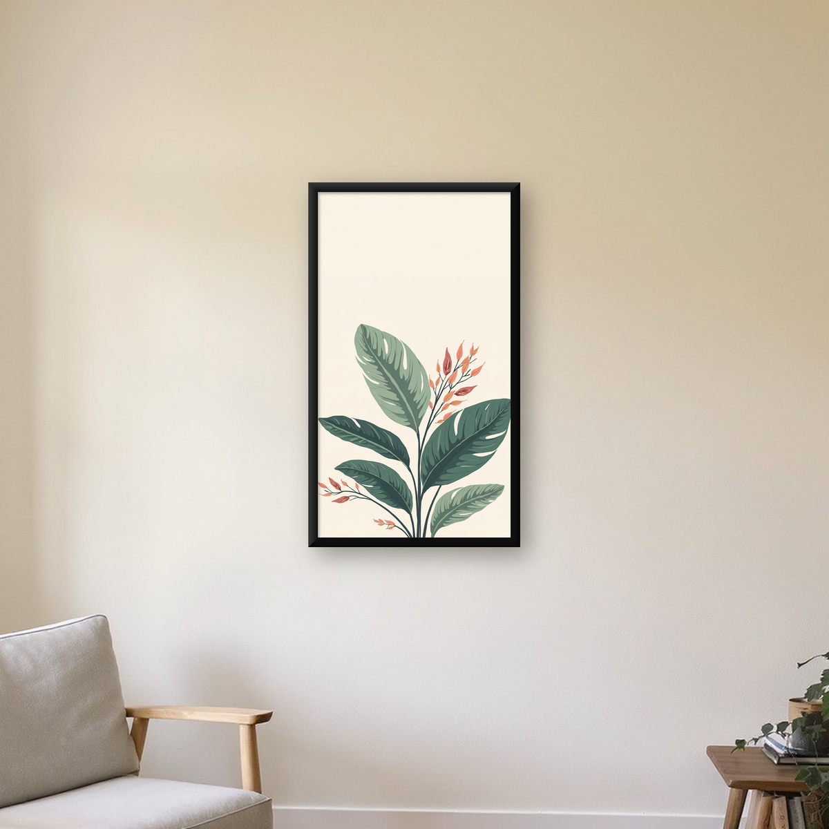 Tropikal Yapraklar ve Çiçekler Dijital Modern Poster — Dikey baskı, çerçeveli hâliyle bir ev duvarında