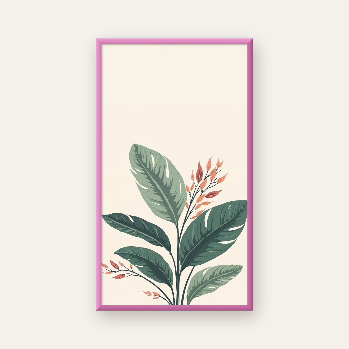 Tropikal Yapraklar ve Çiçekler Dijital Modern Poster — pembe çerçeveli