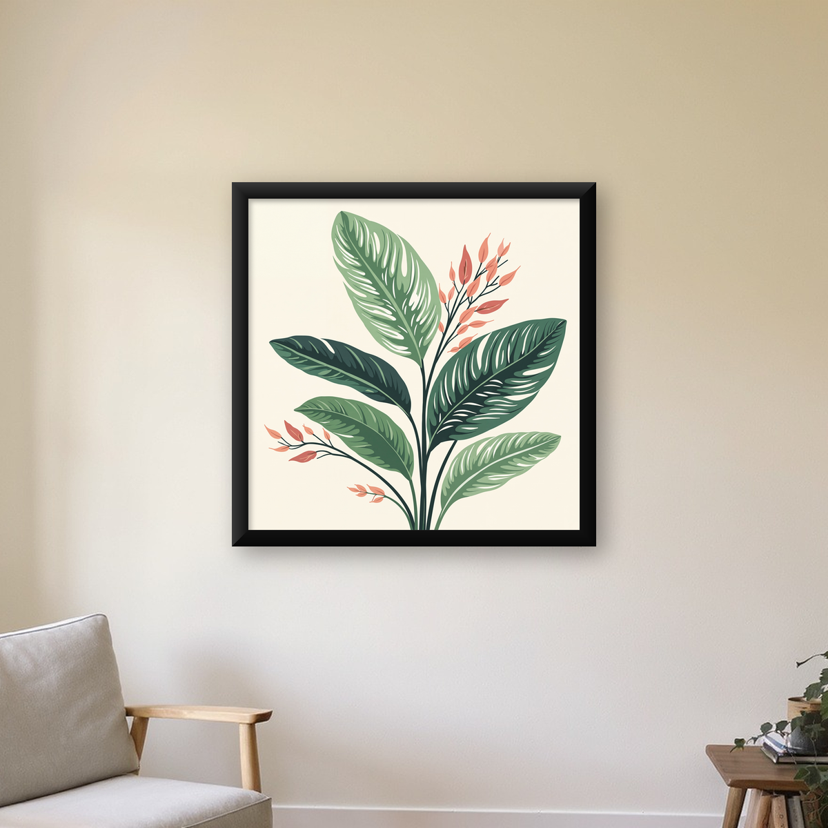 Tropikal Yapraklar ve Çiçekler Dijital Modern Poster — Kare baskı, çerçeveli hâliyle bir ev duvarında