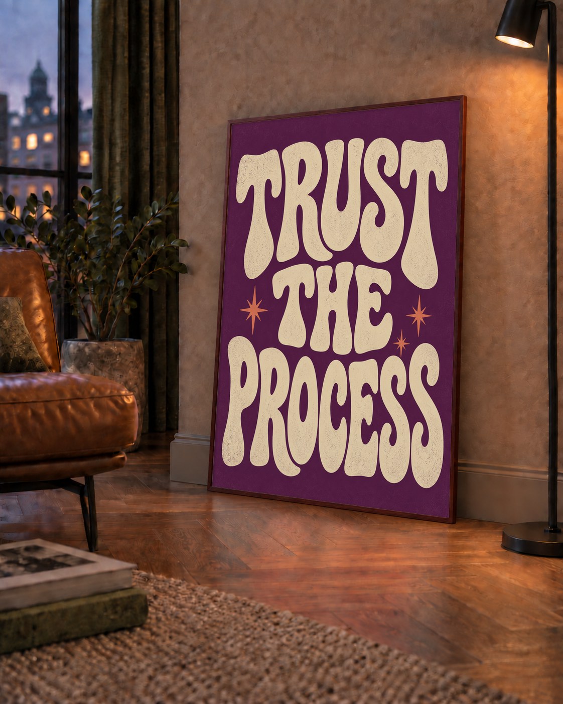 Retro Tipografi Motivasyon Posteri - Trust The Process — çerçeveli hâliyle bir ev duvarında