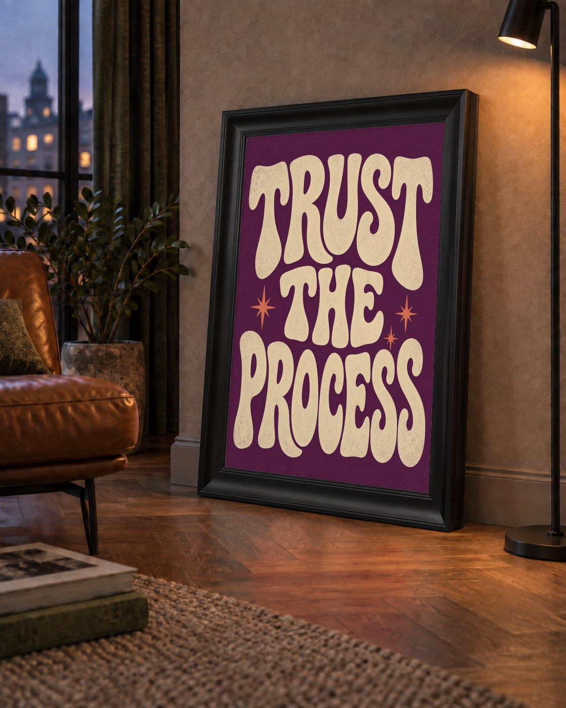 Retro Tipografi Motivasyon Posteri - Trust The Process — çerçeveli hâliyle bir ev duvarında