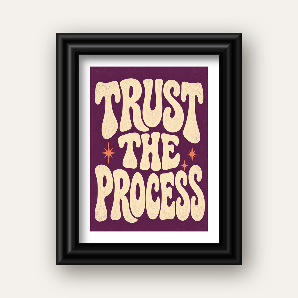 Retro Tipografi Motivasyon Posteri - Trust The Process — siyah galeri çerçeveli paspartulu