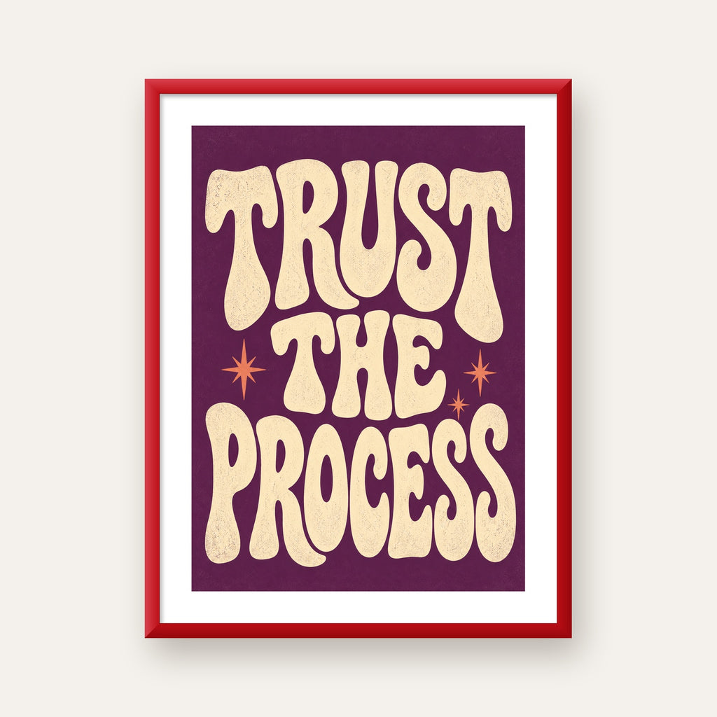 Retro Tipografi Motivasyon Posteri - Trust The Process — kırmızı çerçeveli paspartulu