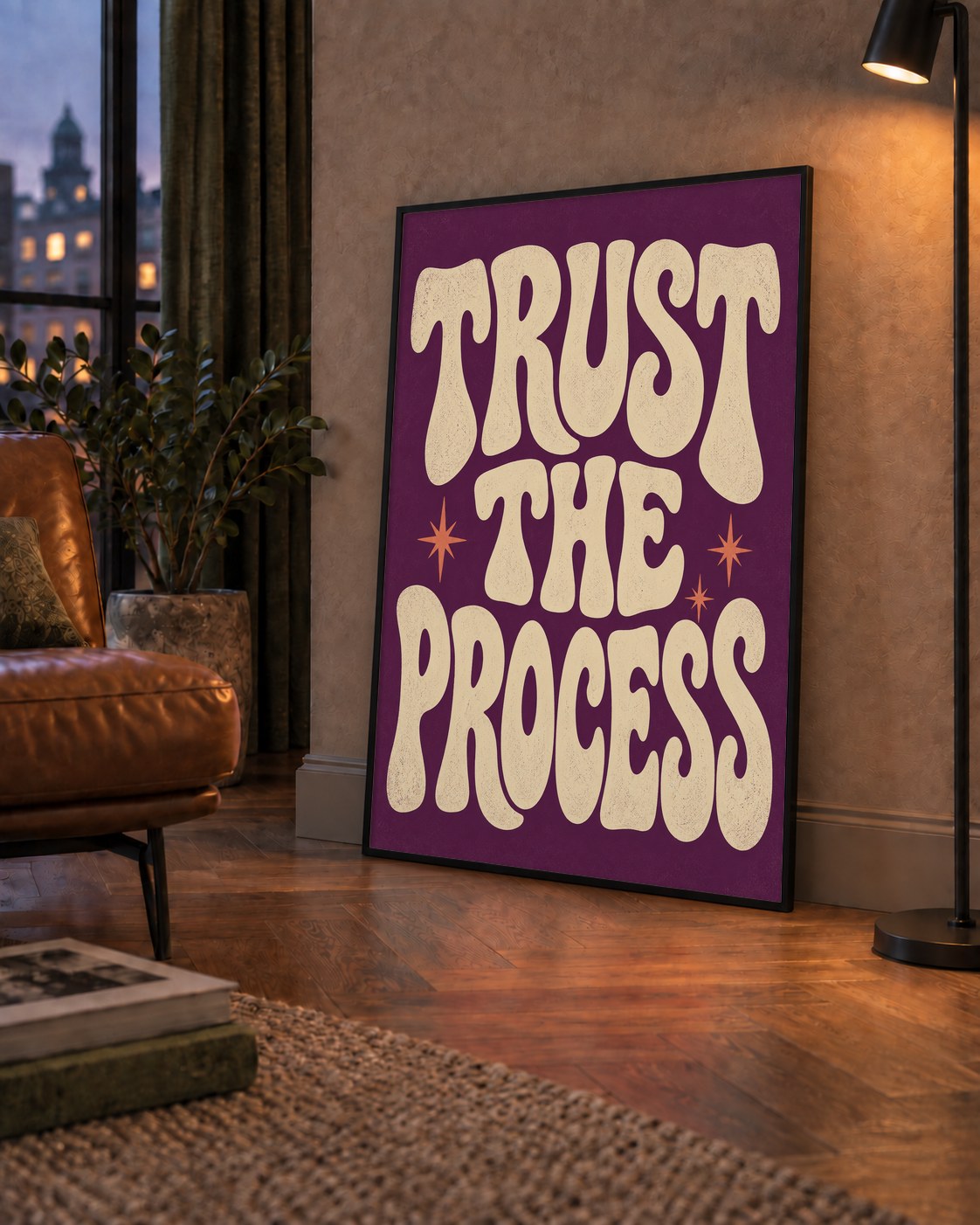 Retro Tipografi Motivasyon Posteri - Trust The Process — çerçeveli hâliyle bir ev duvarında