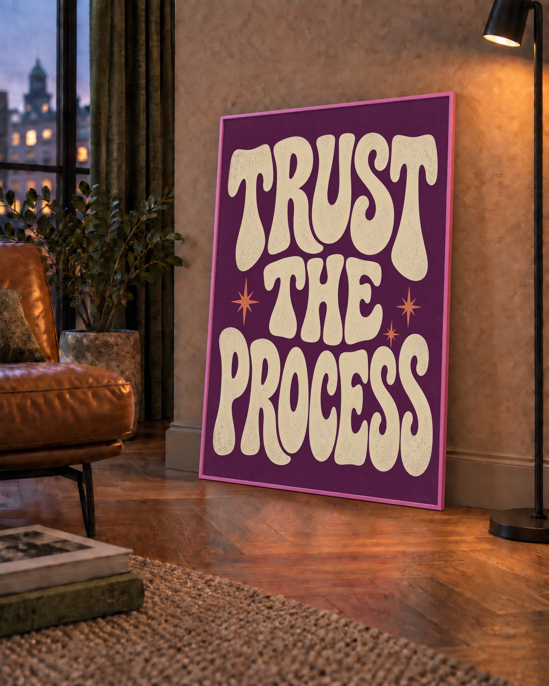 Retro Tipografi Motivasyon Posteri - Trust The Process — çerçeveli hâliyle bir ev duvarında