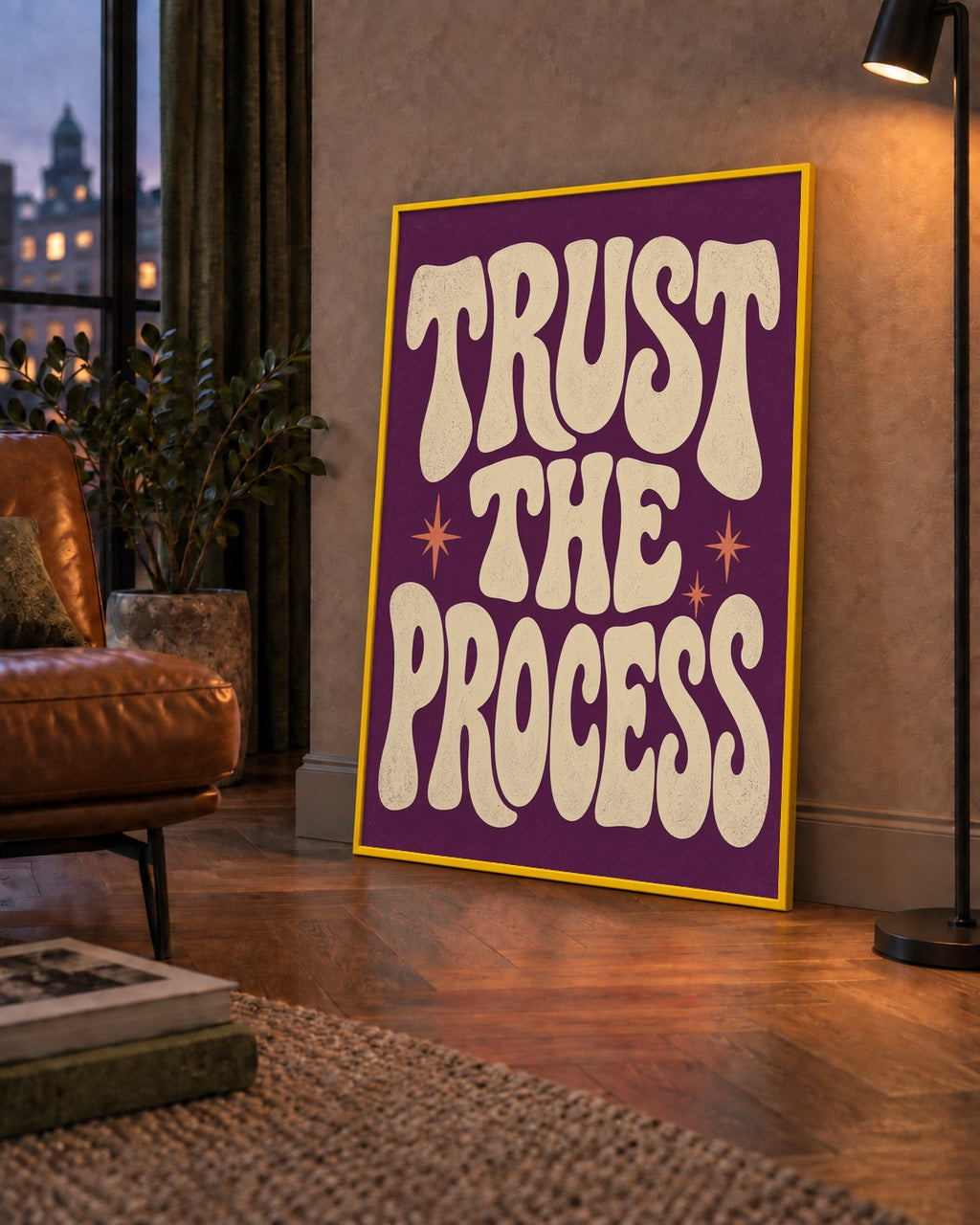 Retro Tipografi Motivasyon Posteri - Trust The Process — çerçeveli hâliyle bir ev duvarında