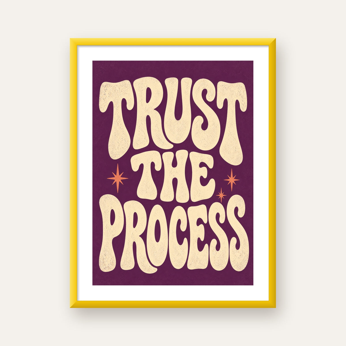Retro Tipografi Motivasyon Posteri - Trust The Process — sarı çerçeveli paspartulu