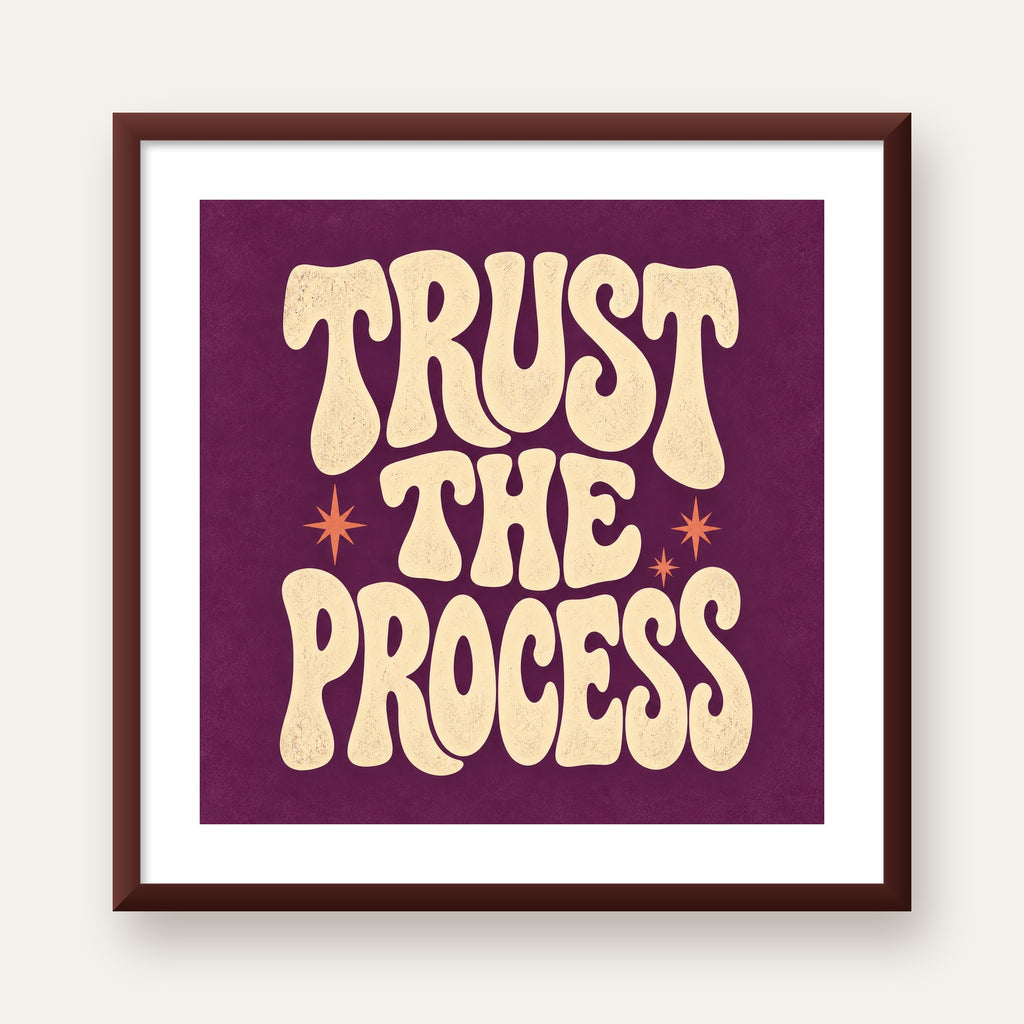 Retro Tipografi Motivasyon Posteri - Trust The Process — ceviz çerçeveli paspartulu