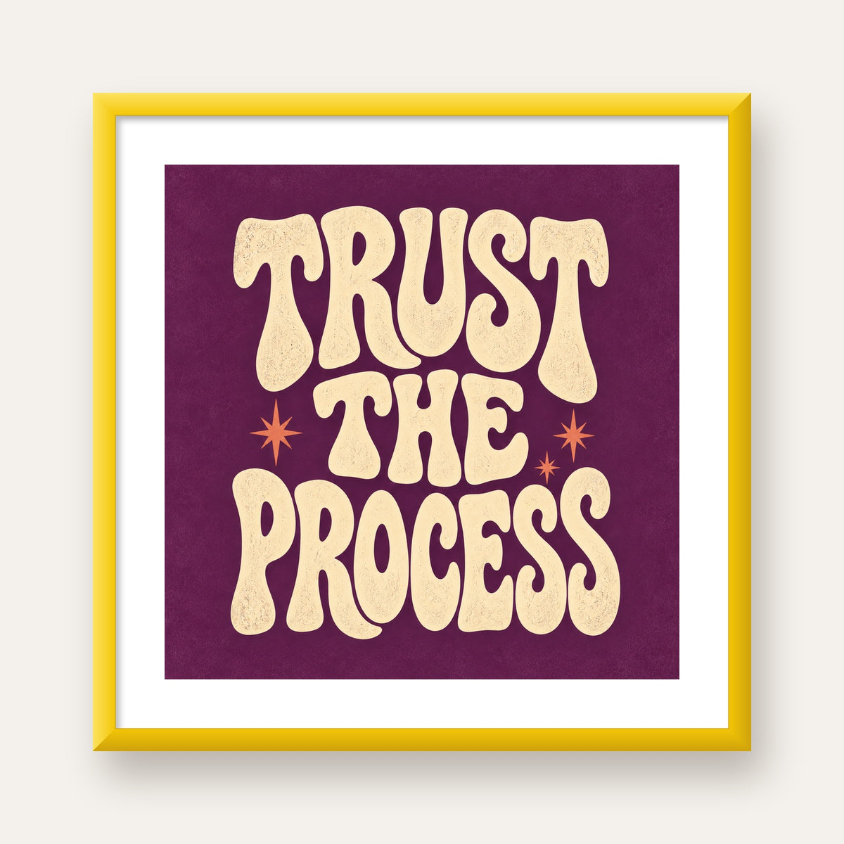 Retro Tipografi Motivasyon Posteri - Trust The Process — sarı çerçeveli paspartulu