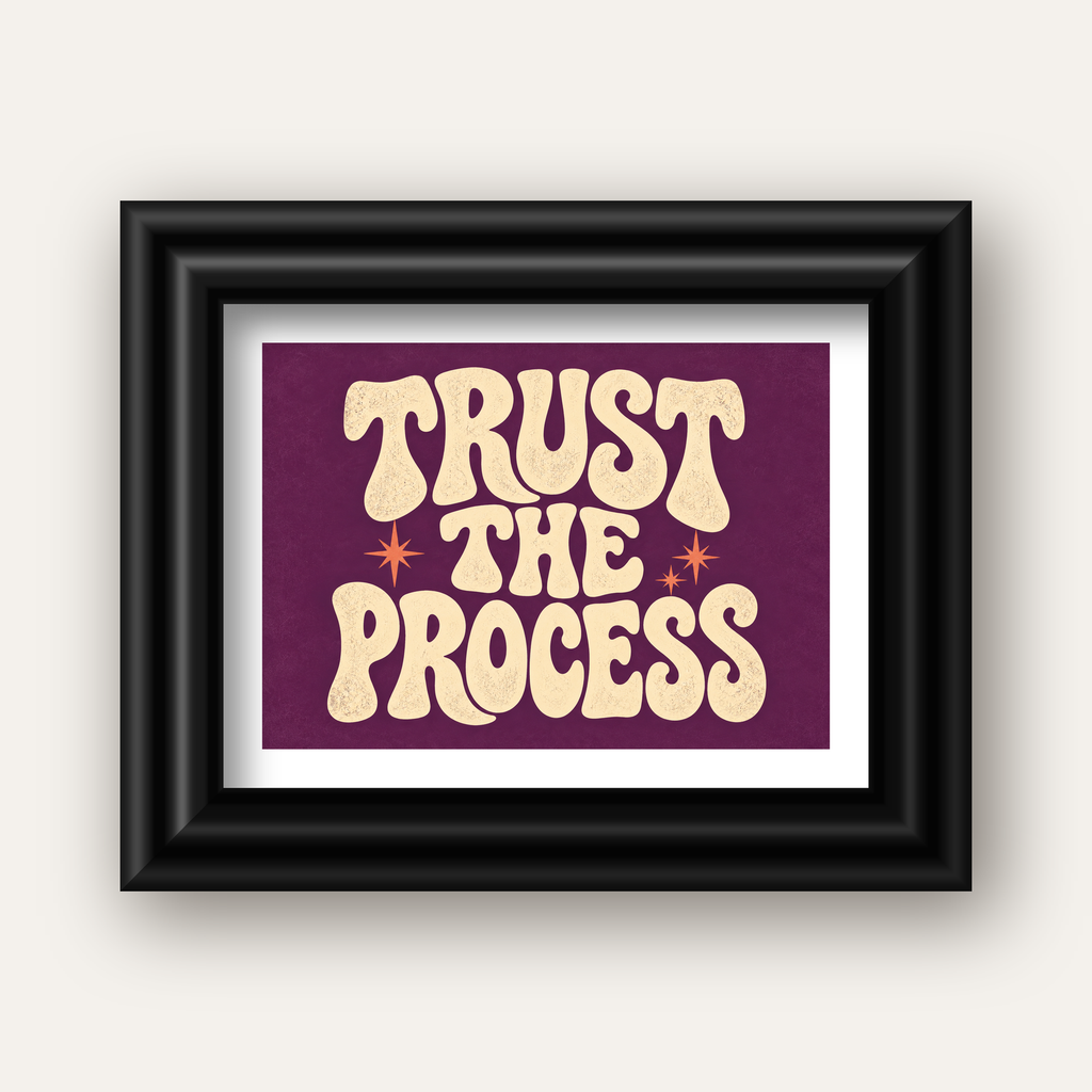 Retro Tipografi Motivasyon Posteri - Trust The Process — siyah galeri çerçeveli paspartulu