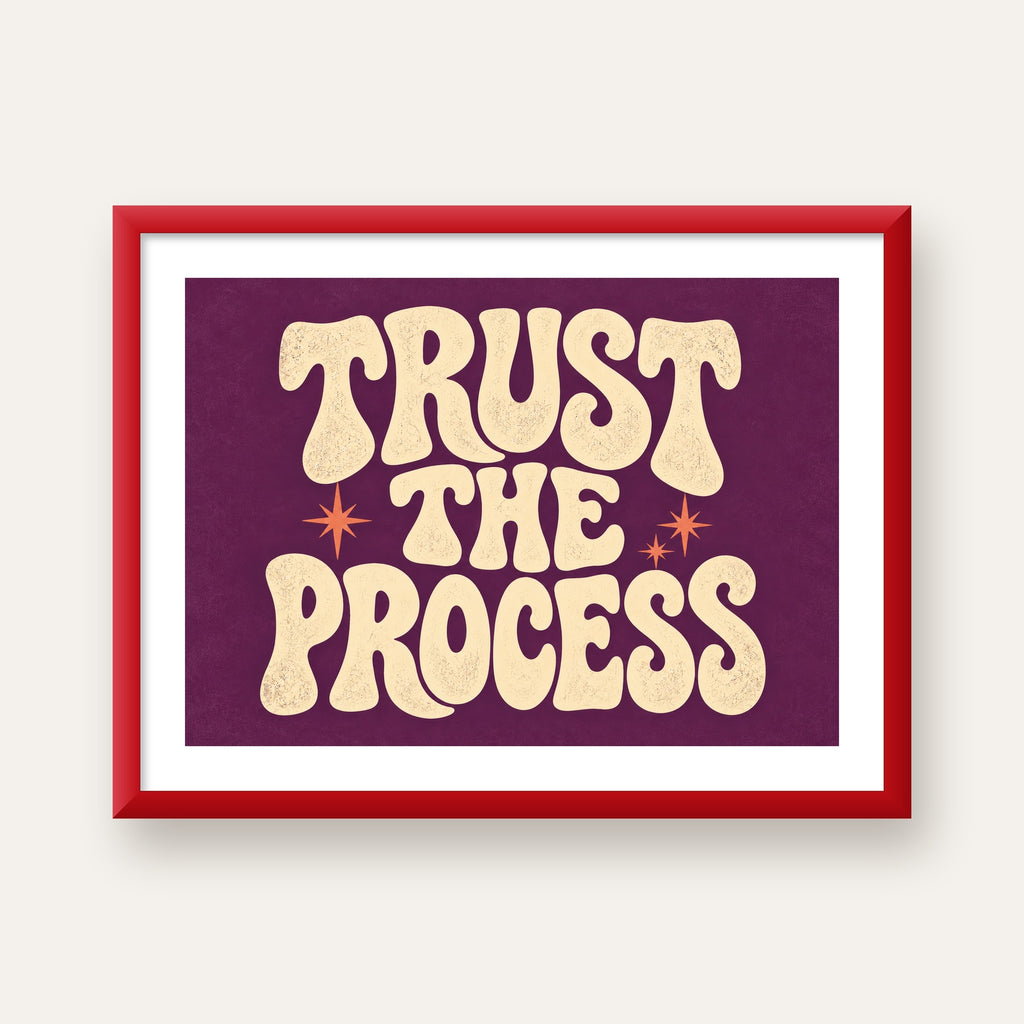 Retro Tipografi Motivasyon Posteri - Trust The Process — kırmızı çerçeveli paspartulu
