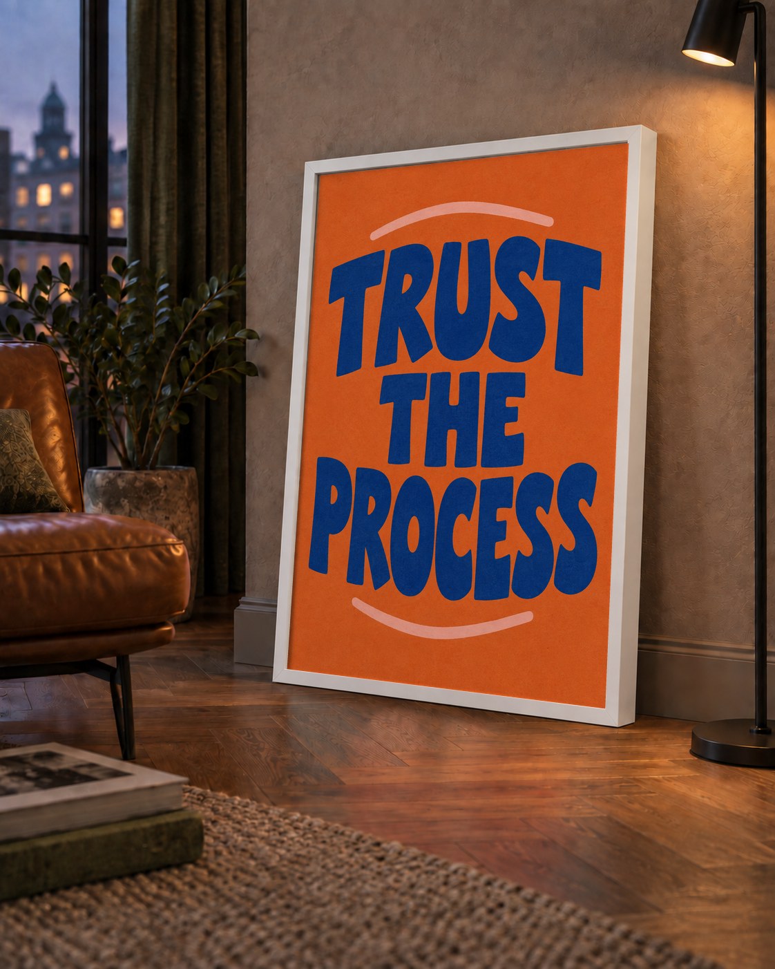 Trust The Process Poster – Motive Edici Tipografi Duvar Dekoru — çerçeveli hâliyle bir ev duvarında