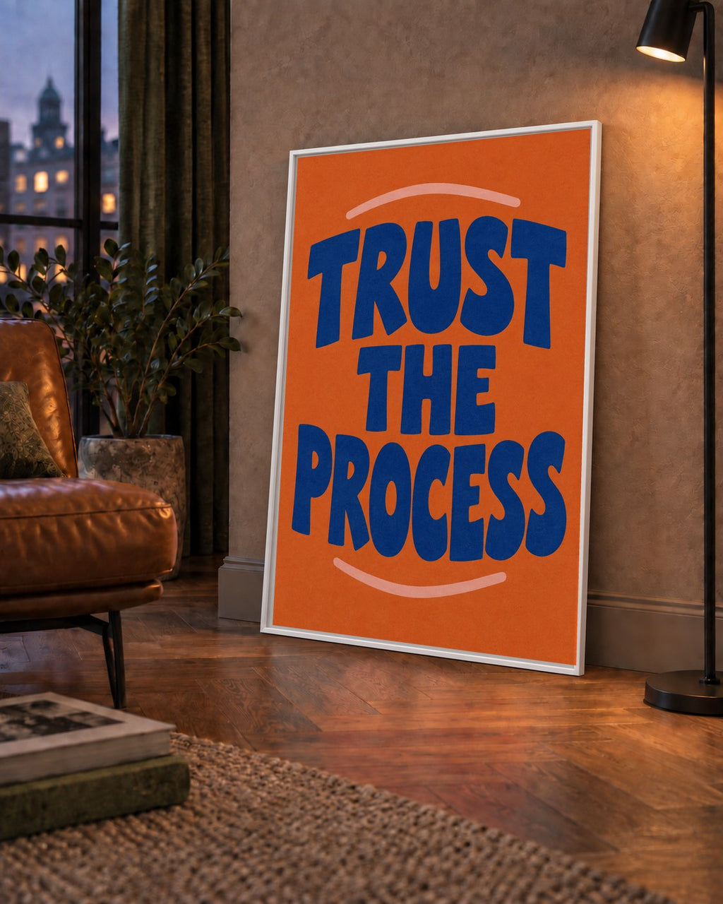 Trust The Process Poster – Motive Edici Tipografi Duvar Dekoru — çerçeveli hâliyle bir ev duvarında
