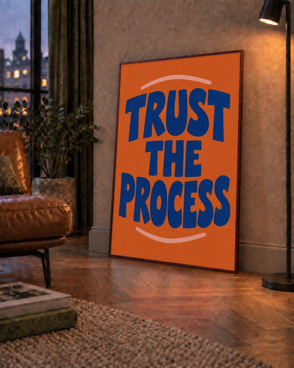 Trust The Process Poster – Motive Edici Tipografi Duvar Dekoru — çerçeveli hâliyle bir ev duvarında