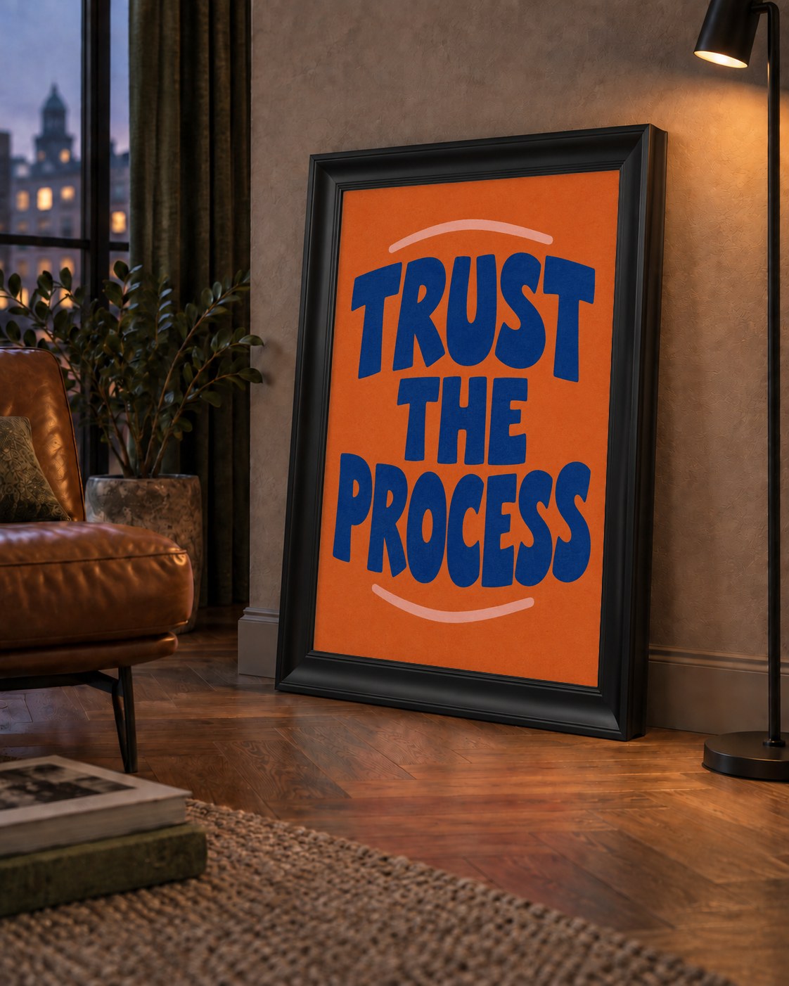 Trust The Process Poster – Motive Edici Tipografi Duvar Dekoru — çerçeveli hâliyle bir ev duvarında