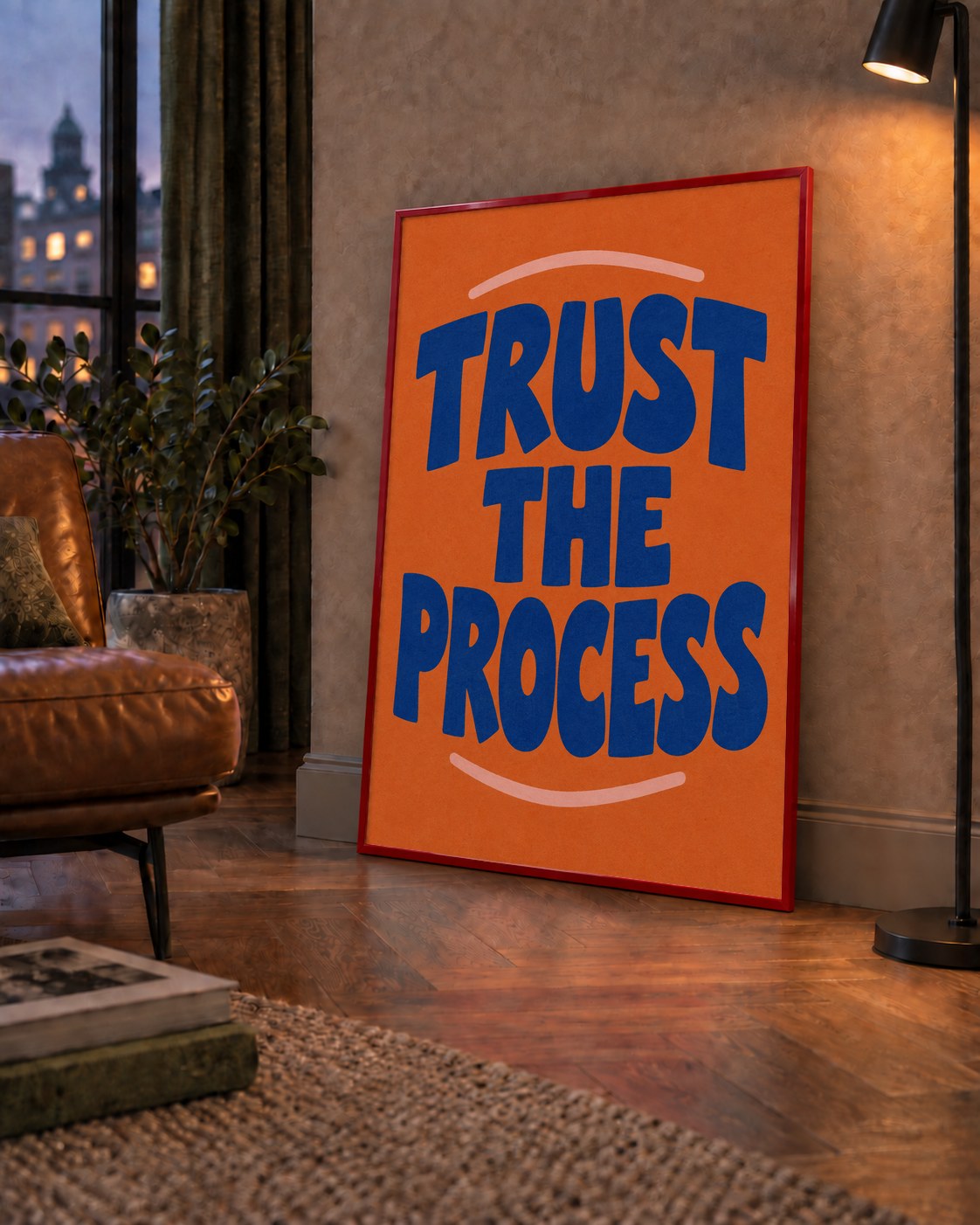 Trust The Process Poster – Motive Edici Tipografi Duvar Dekoru — çerçeveli hâliyle bir ev duvarında