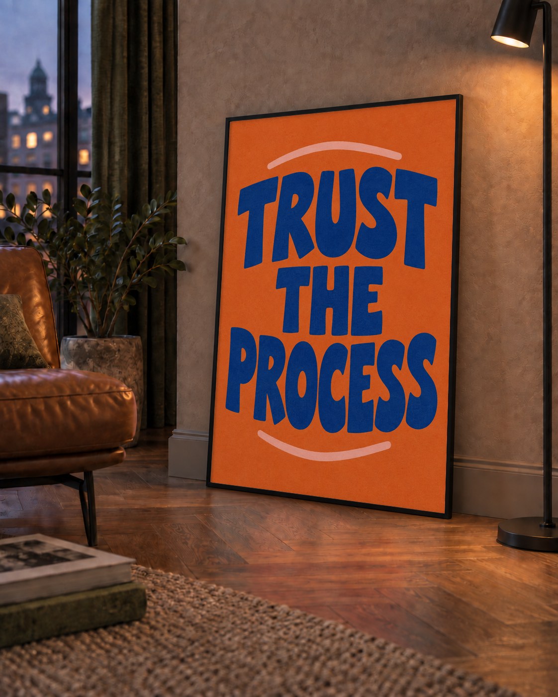 Trust The Process Poster – Motive Edici Tipografi Duvar Dekoru — çerçeveli hâliyle bir ev duvarında