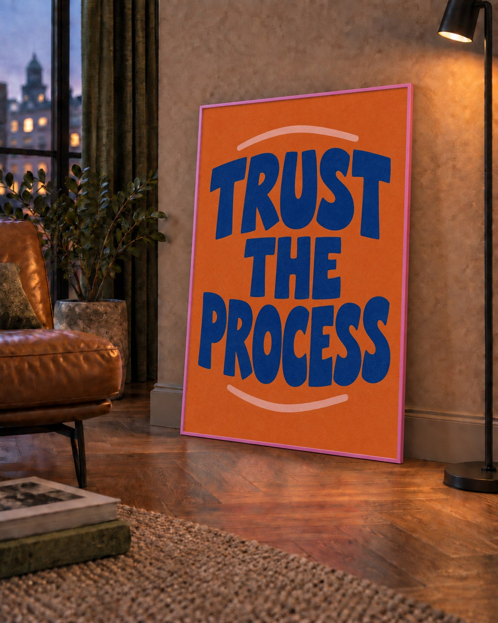Trust The Process Poster – Motive Edici Tipografi Duvar Dekoru — çerçeveli hâliyle bir ev duvarında