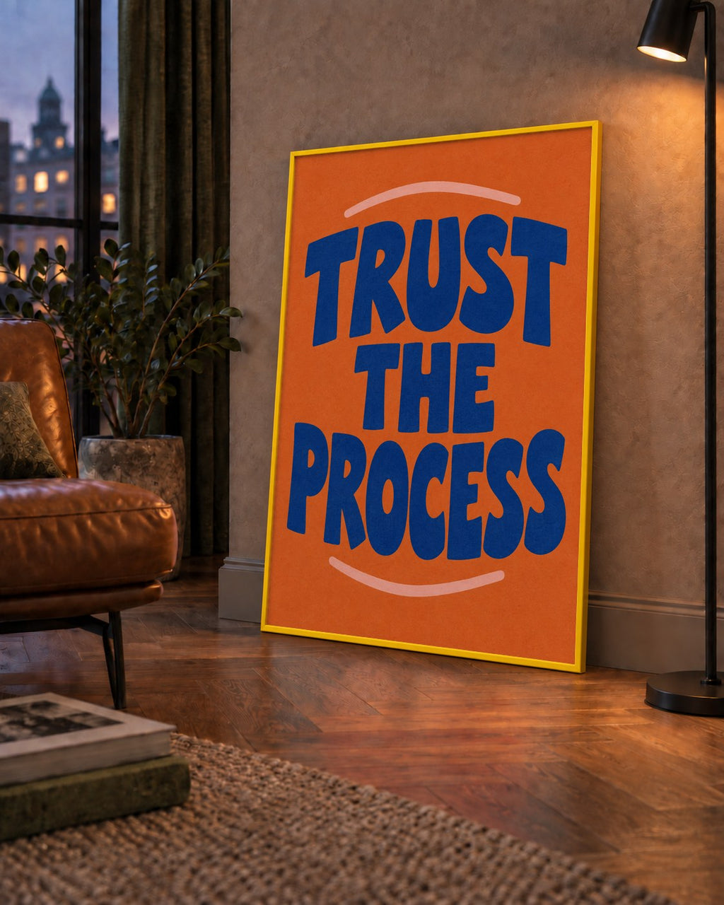 Trust The Process Poster – Motive Edici Tipografi Duvar Dekoru — çerçeveli hâliyle bir ev duvarında