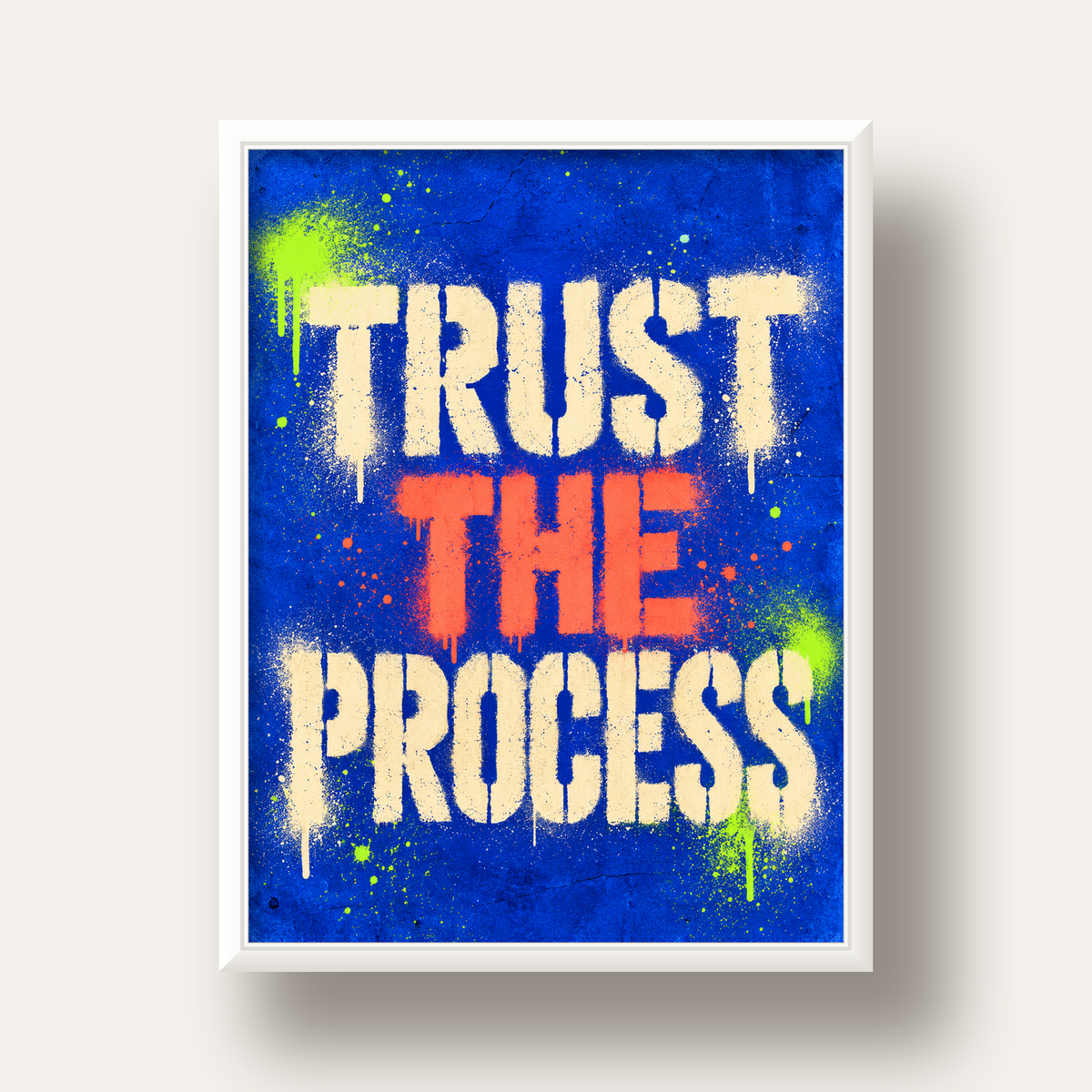 TRUST THE PROCESS Sözlü Graffiti Poster – Motive Edici Duvar Sanatı — beyaz derin çerçeveli