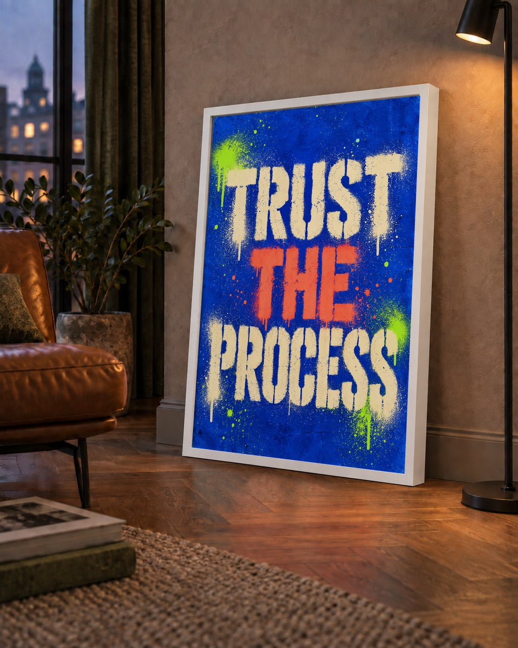 TRUST THE PROCESS Sözlü Graffiti Poster – Motive Edici Duvar Sanatı — çerçeveli hâliyle bir ev duvarında