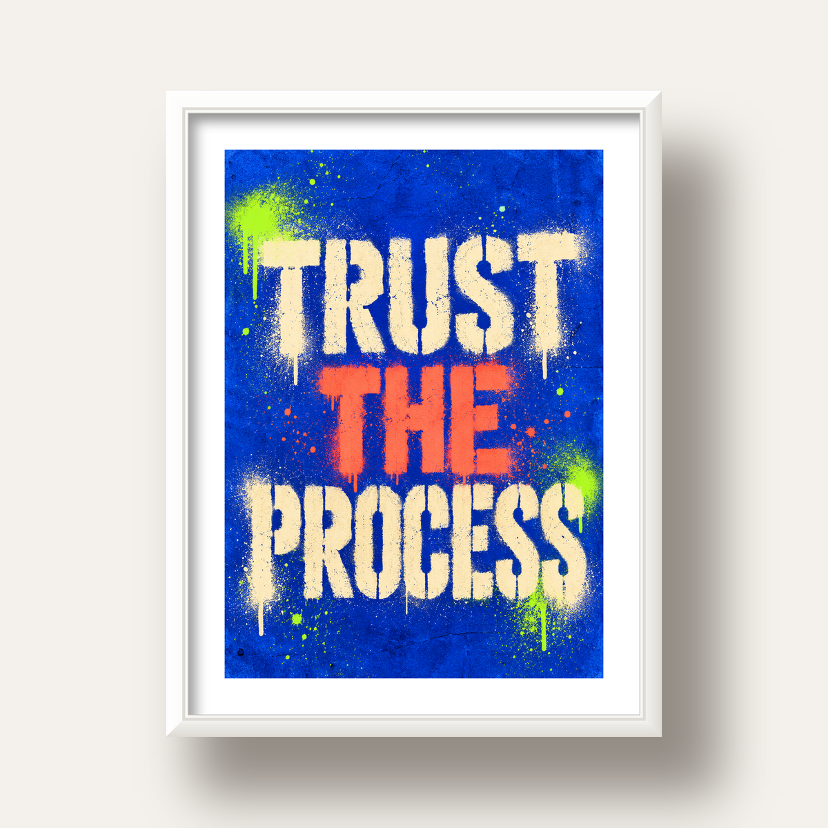 TRUST THE PROCESS Sözlü Graffiti Poster – Motive Edici Duvar Sanatı — beyaz derin çerçeveli paspartulu
