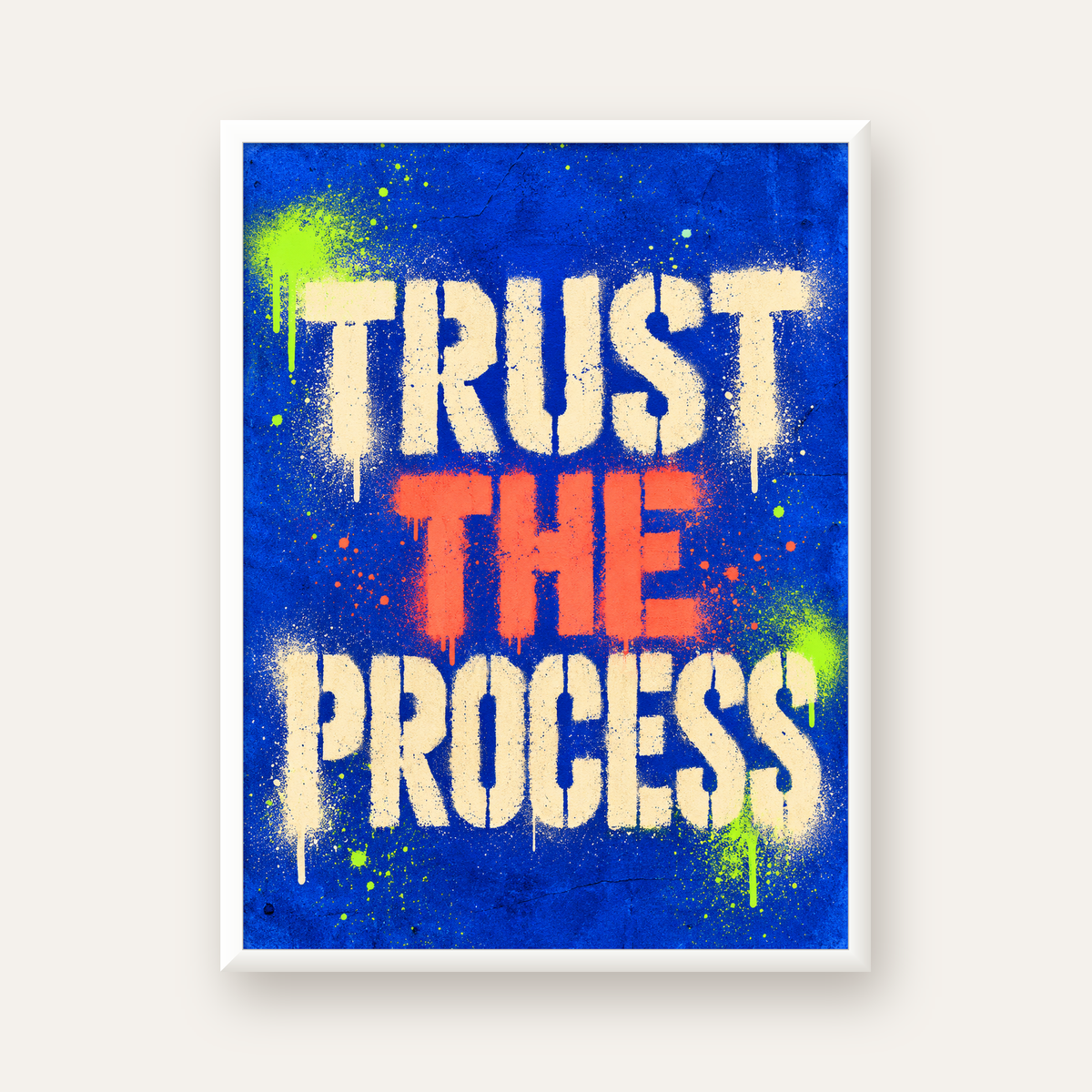 TRUST THE PROCESS Sözlü Graffiti Poster – Motive Edici Duvar Sanatı — beyaz çerçeveli dikey poster