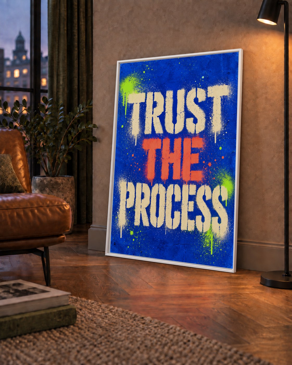 TRUST THE PROCESS Sözlü Graffiti Poster – Motive Edici Duvar Sanatı — çerçeveli hâliyle bir ev duvarında