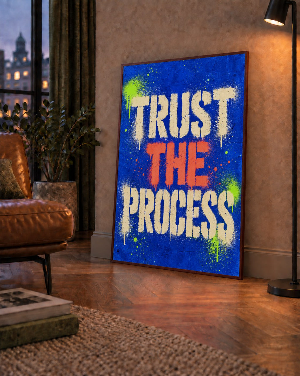 TRUST THE PROCESS Sözlü Graffiti Poster – Motive Edici Duvar Sanatı — çerçeveli hâliyle bir ev duvarında