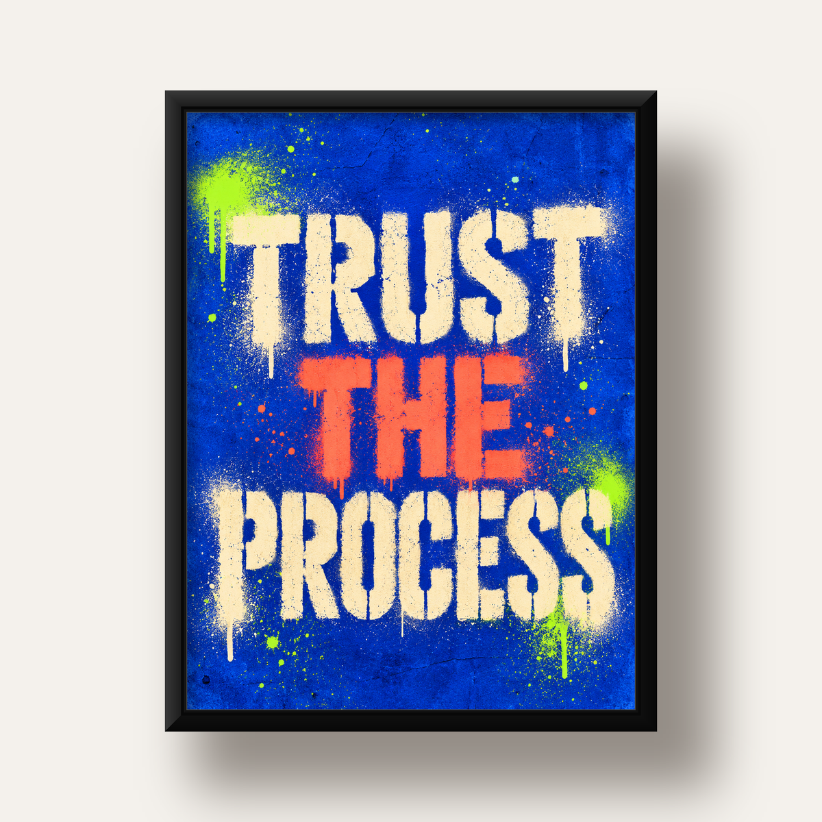 TRUST THE PROCESS Sözlü Graffiti Poster – Motive Edici Duvar Sanatı — siyah derin çerçeveli