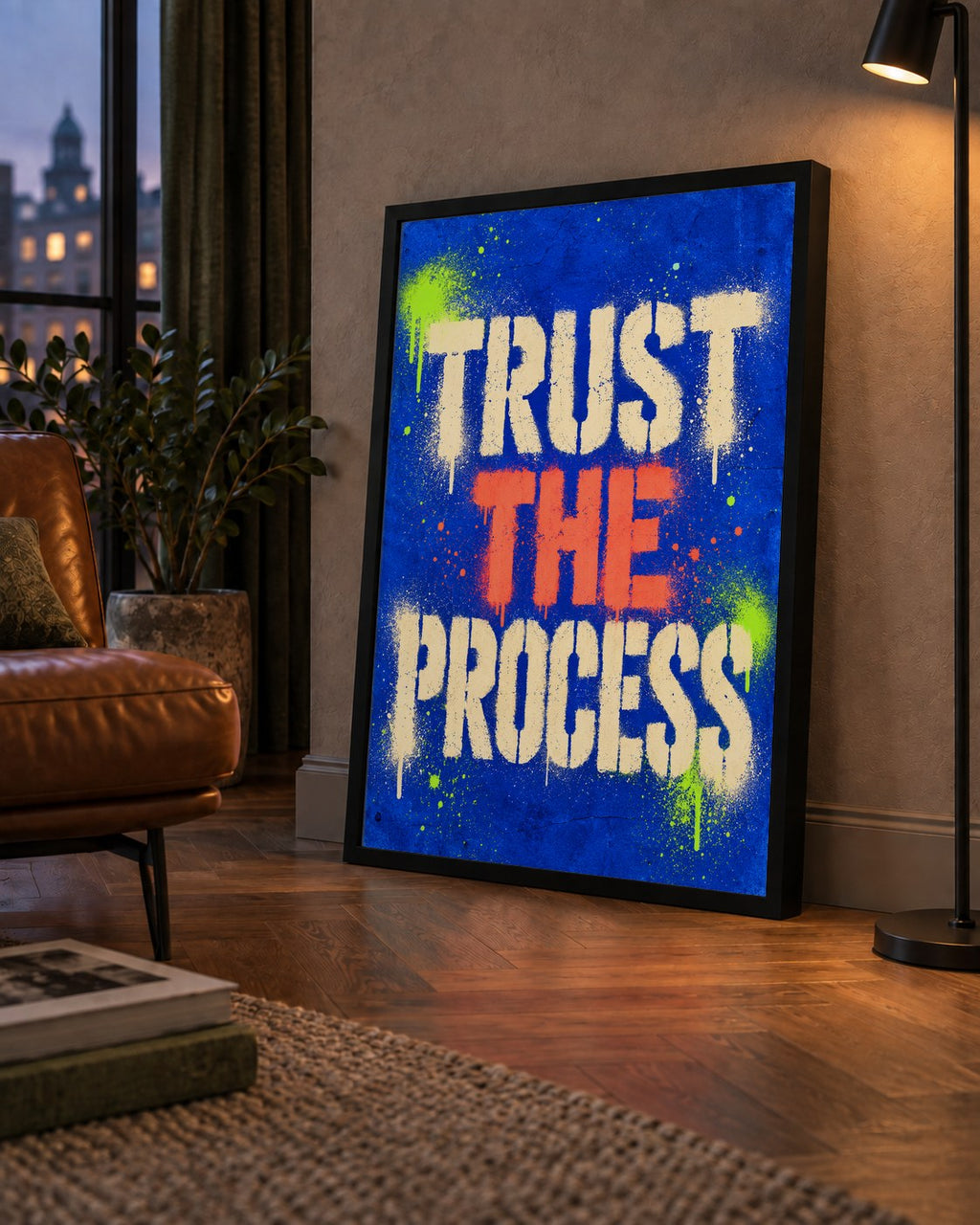 TRUST THE PROCESS Sözlü Graffiti Poster – Motive Edici Duvar Sanatı — çerçeveli hâliyle bir ev duvarında