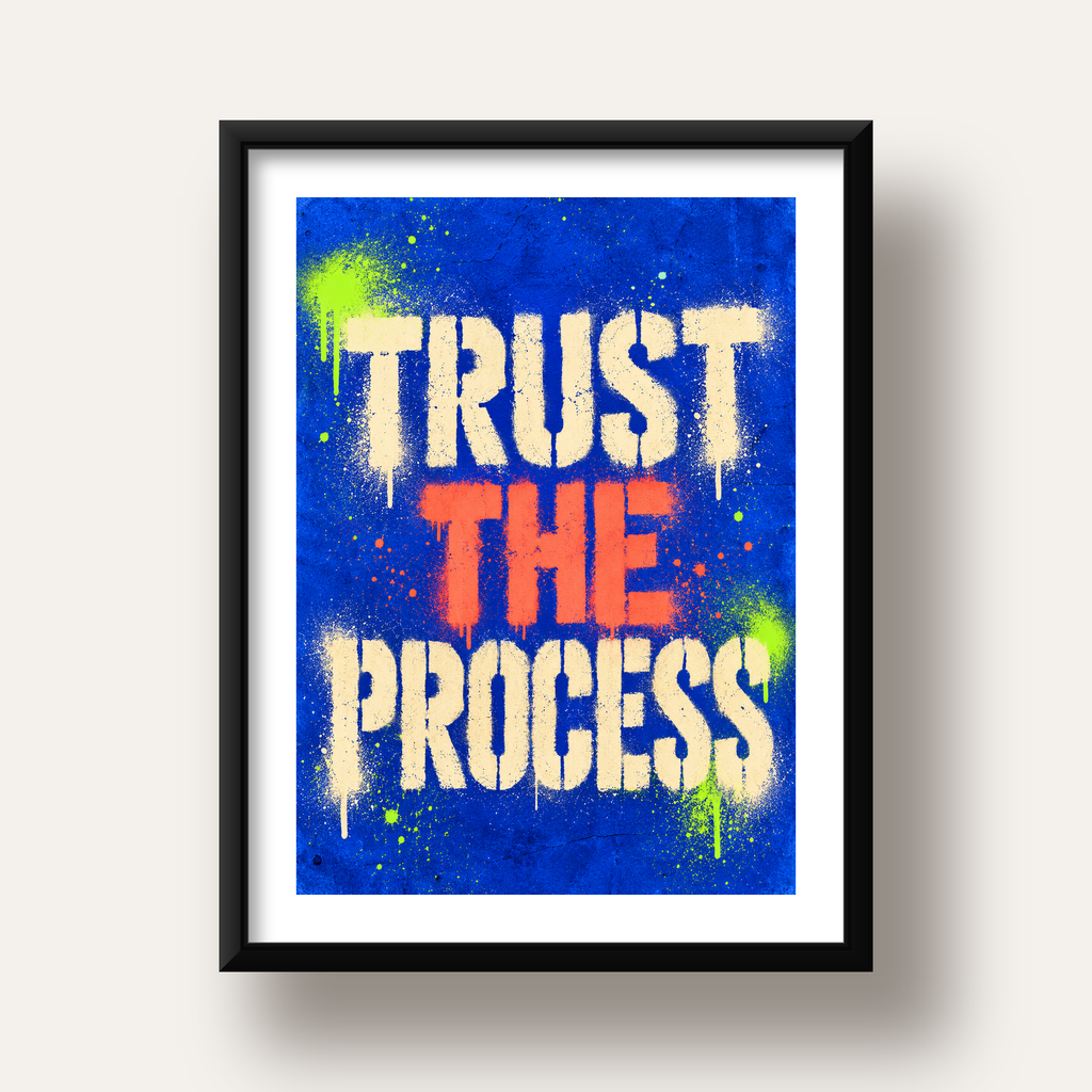 TRUST THE PROCESS Sözlü Graffiti Poster – Motive Edici Duvar Sanatı — siyah derin çerçeveli paspartulu
