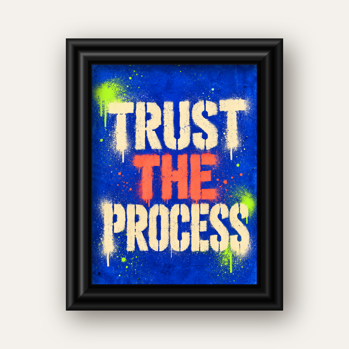 TRUST THE PROCESS Sözlü Graffiti Poster – Motive Edici Duvar Sanatı — siyah galeri çerçeveli