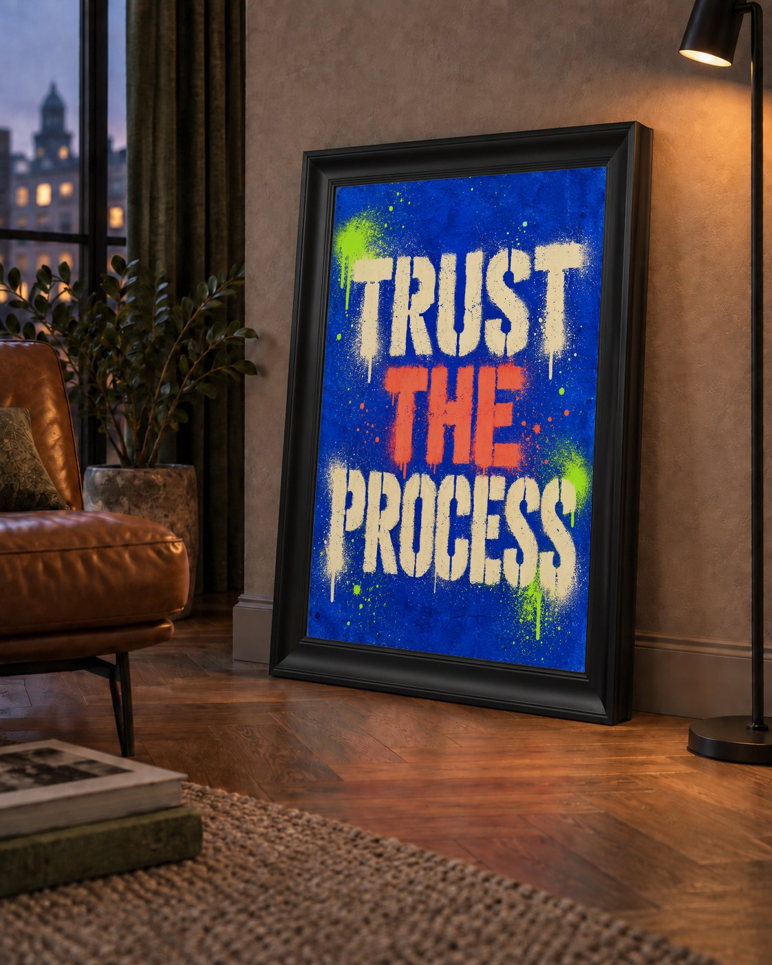 TRUST THE PROCESS Sözlü Graffiti Poster – Motive Edici Duvar Sanatı — çerçeveli hâliyle bir ev duvarında