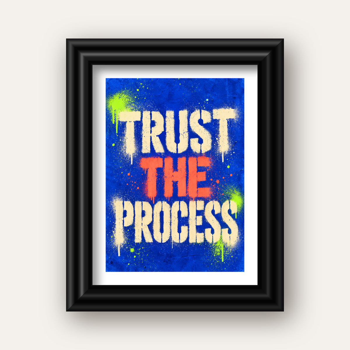TRUST THE PROCESS Sözlü Graffiti Poster – Motive Edici Duvar Sanatı — siyah galeri çerçeveli paspartulu