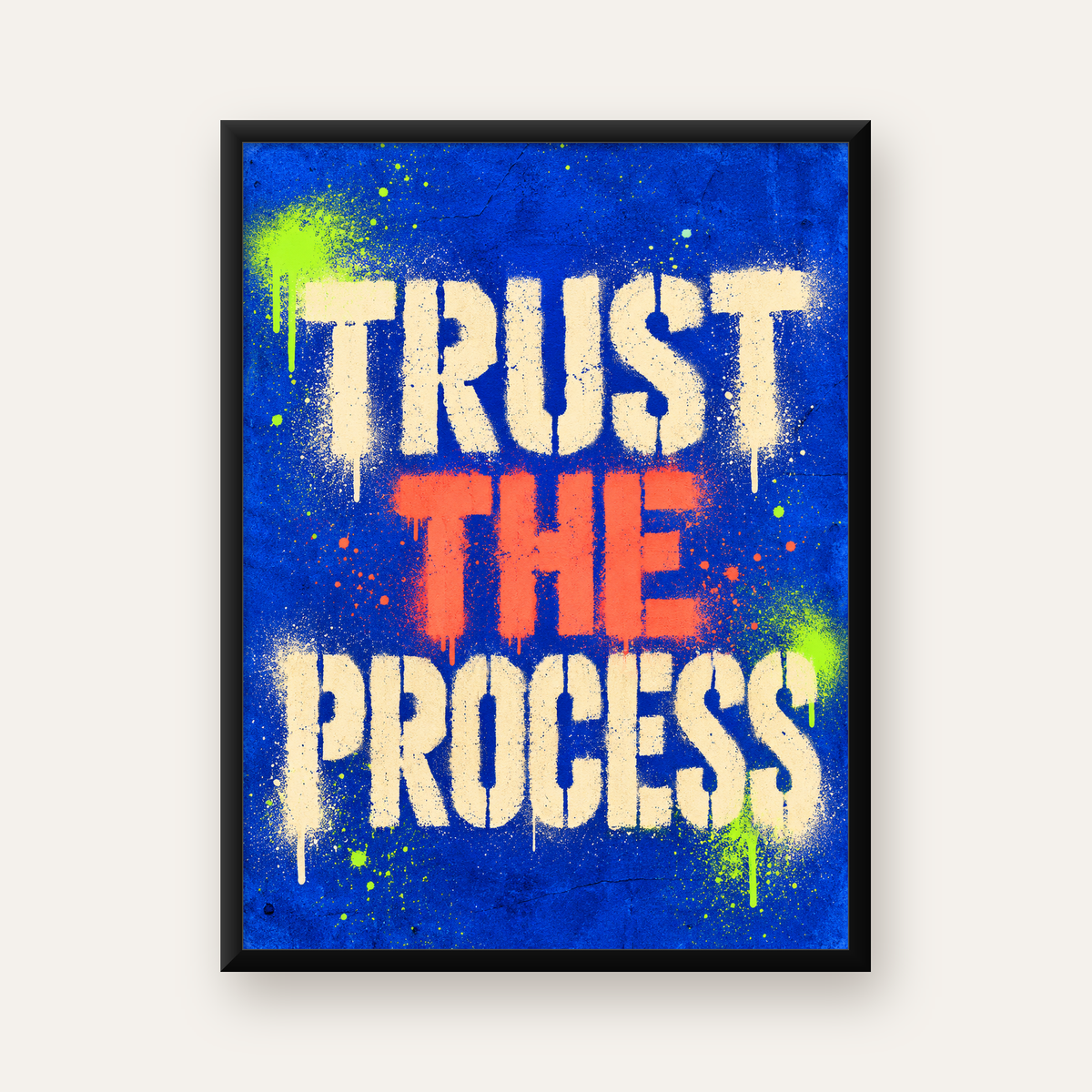 TRUST THE PROCESS Sözlü Graffiti Poster – Motive Edici Duvar Sanatı — Dikey baskı, düz siyah çerçeveli duvar posteri