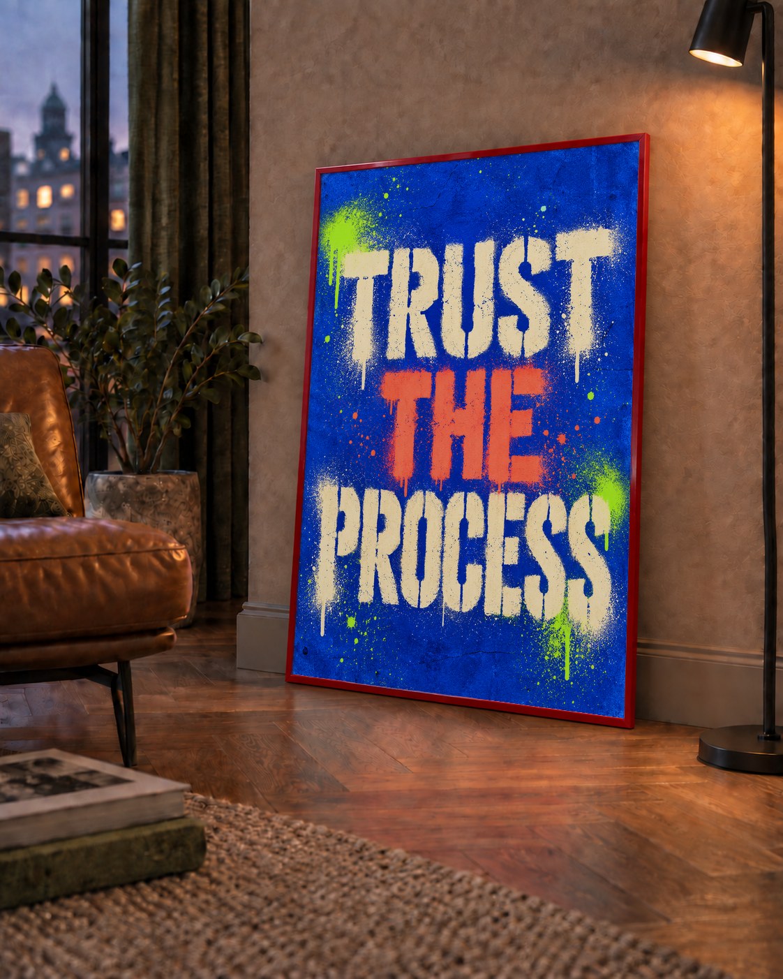 TRUST THE PROCESS Sözlü Graffiti Poster – Motive Edici Duvar Sanatı — çerçeveli hâliyle bir ev duvarında