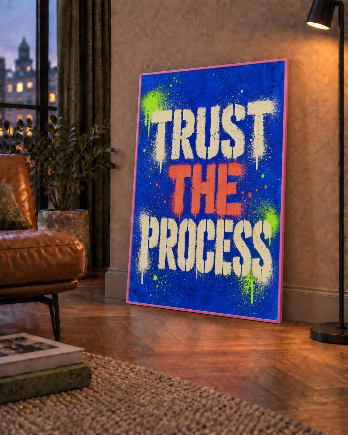 TRUST THE PROCESS Sözlü Graffiti Poster – Motive Edici Duvar Sanatı — çerçeveli hâliyle bir ev duvarında