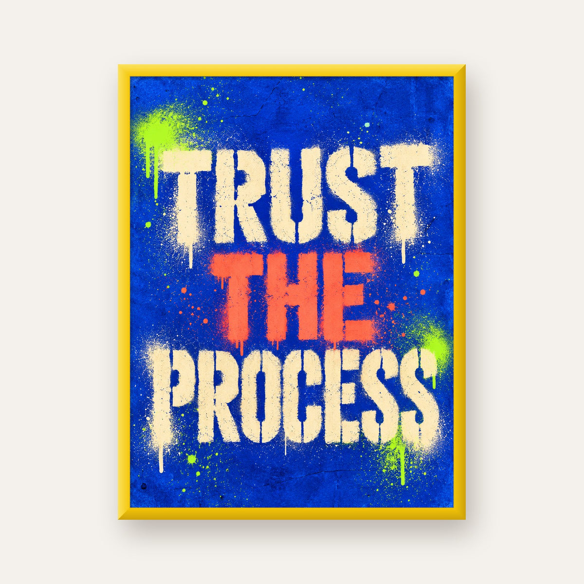 TRUST THE PROCESS Sözlü Graffiti Poster – Motive Edici Duvar Sanatı — sarı çerçeveli