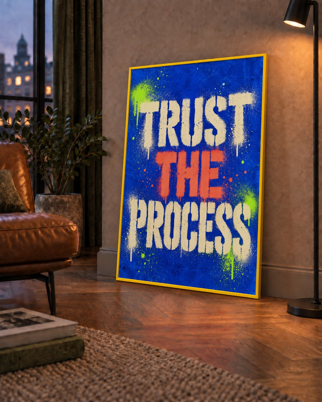 TRUST THE PROCESS Sözlü Graffiti Poster – Motive Edici Duvar Sanatı — çerçeveli hâliyle bir ev duvarında
