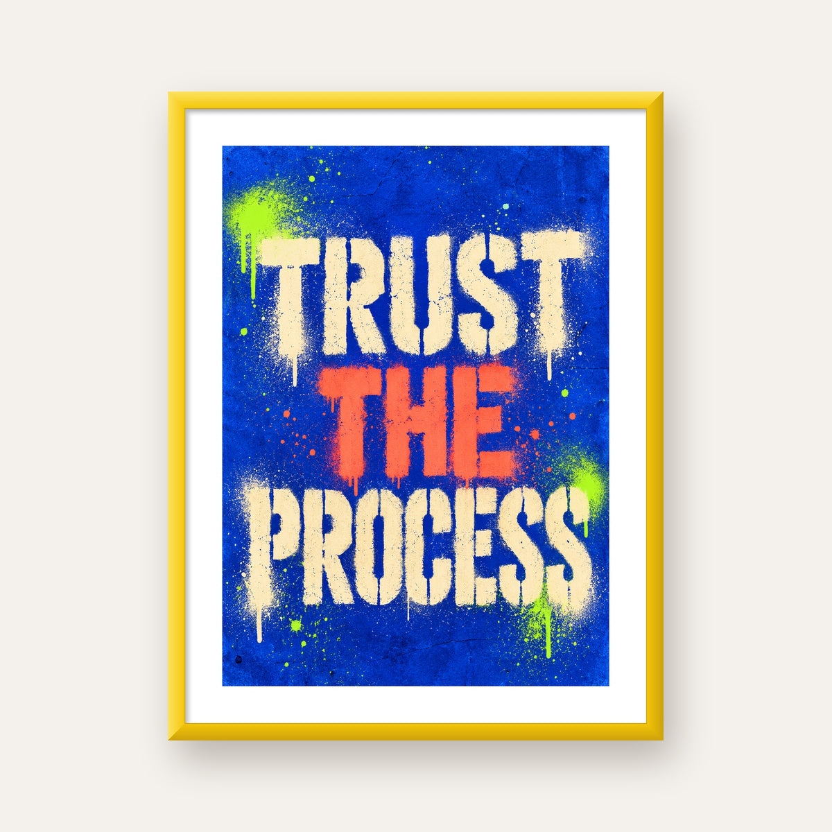 TRUST THE PROCESS Sözlü Graffiti Poster – Motive Edici Duvar Sanatı — sarı çerçeveli paspartulu