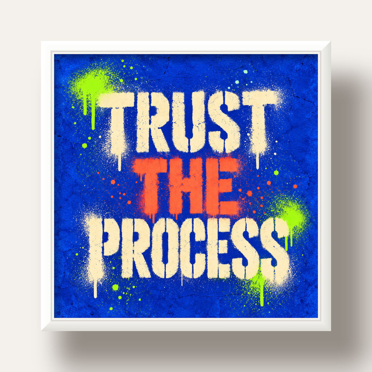 TRUST THE PROCESS Sözlü Graffiti Poster – Motive Edici Duvar Sanatı — beyaz derin çerçeveli