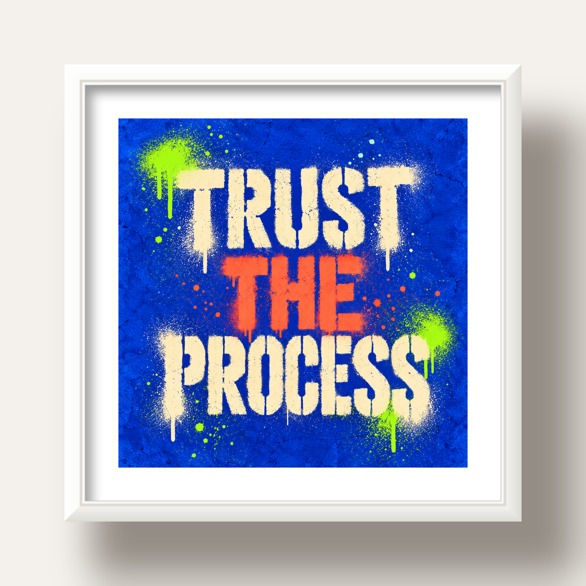 TRUST THE PROCESS Sözlü Graffiti Poster – Motive Edici Duvar Sanatı — beyaz derin çerçeveli paspartulu
