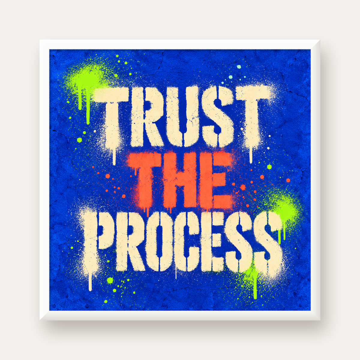 TRUST THE PROCESS Sözlü Graffiti Poster – Motive Edici Duvar Sanatı — beyaz çerçeveli kare poster