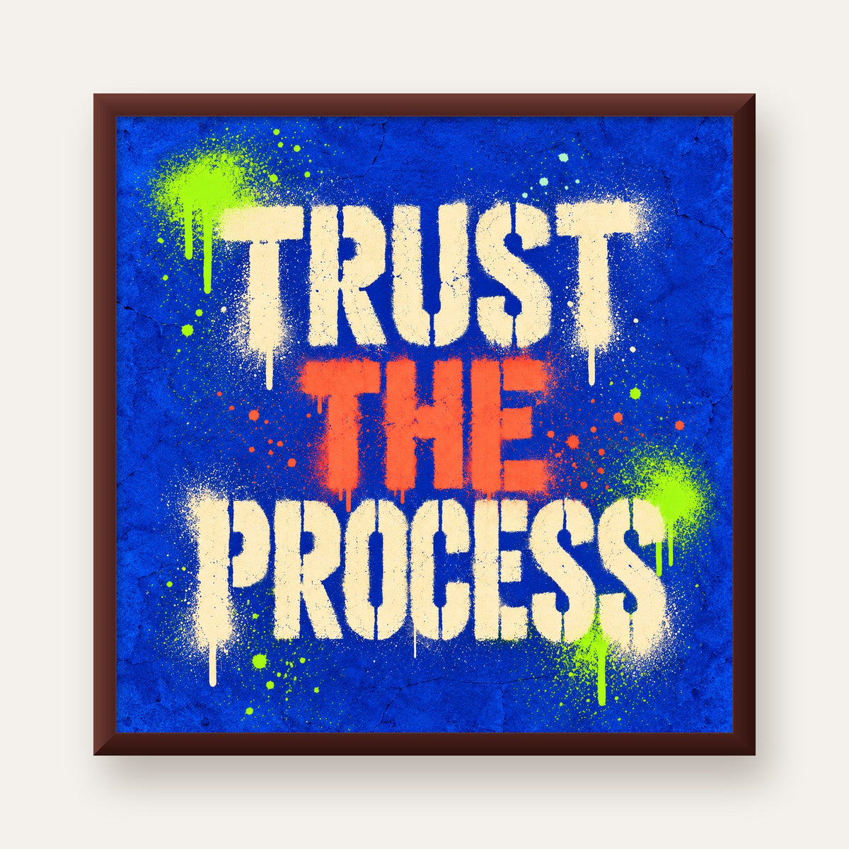 TRUST THE PROCESS Sözlü Graffiti Poster – Motive Edici Duvar Sanatı — ceviz çerçeveli