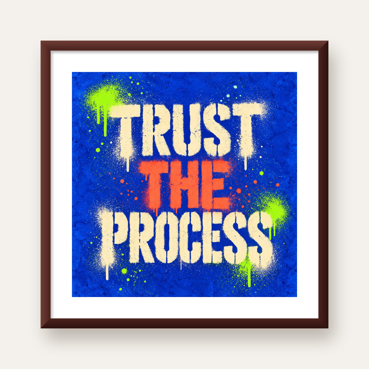 TRUST THE PROCESS Sözlü Graffiti Poster – Motive Edici Duvar Sanatı — ceviz çerçeveli paspartulu