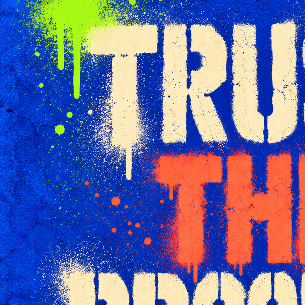 TRUST THE PROCESS Sözlü Graffiti Poster – Motive Edici Duvar Sanatı — baskının yakın çekimi, kâğıt dokusu ve renk detayı
